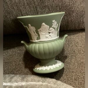 Wedgewood:  Sage green  jasperware urn vase vintage with Grecian Greek design.